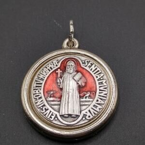 Saint Benedict Medal Silver Oxidized Red Enamel Italy 2 Sided Religious Pendant
